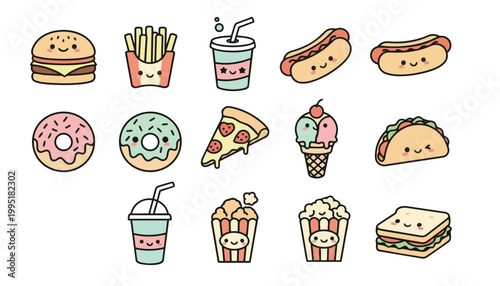 Cute Kawaii Fast Food Vector Icon Set
