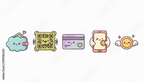Cute Kawaii Financial Icons Wallet, QR Code, Card, Phone, Coin