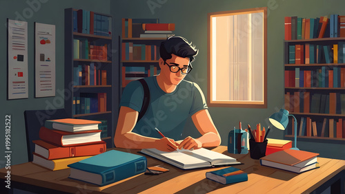 Focused Young Male Student Diligently Studying and Writing at a Desk Surrounded by Books in a Cozy Library or Study Room Bathed in Warm Sunlight