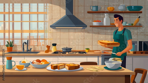 A smiling man proudly presents his freshly baked pie in a sunlit, cozy kitchen, showcasing a delightful domestic scene of home cooking and culinary satisfaction