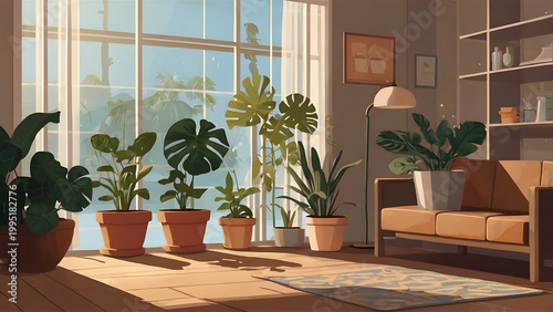 A vibrant digital illustration of a sunlit living room, adorned with a diverse collection of thriving green potted houseplants, creating a refreshing and cozy indoor garden sanctuary