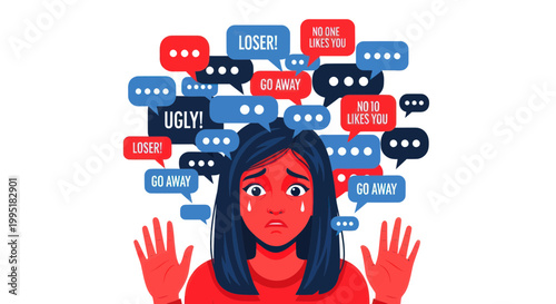 Cyberbullying victim, sad girl overwhelmed by online hate speech and negative comments