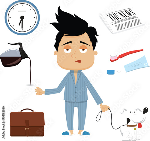 Sleepy businessman morning routine holding coffee walking dog with briefcase clock newspaper toothbrush and mask tired workday concept illustration vector