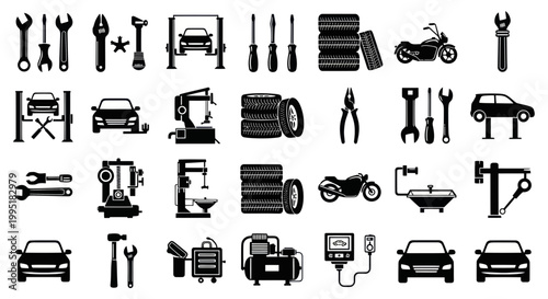Car Repair Service Tools, Auto Mechanic Equipment, Motorcycle and Tires Icons