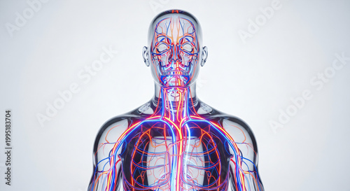 A transparent human torso shows a detailed view of the circulatory system, with red arteries and blue veins extending throughout the head and chest.