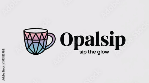Opalsip logo with geometric coffee cup and tagline sip the glow beverage container hot drink geometric drinkware beverage restaurant business