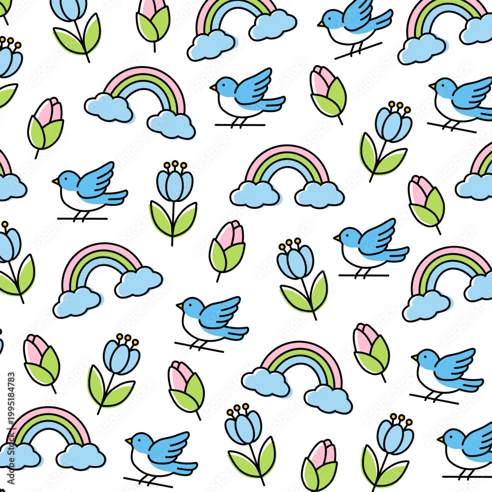 Obraz premium Seamless Spring Pattern with Cute Blue Birds, Rainbows and Tulips – Kawaii Floral Vector Repeat Background for Kids Fabric, Nursery Wallpaper, Wrapping Paper, Textile Design and Greeting Cards.