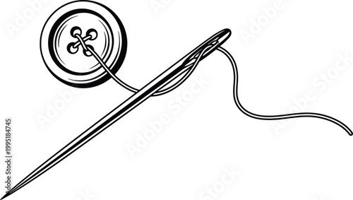 Sewing needle with thread and button isolated vector illustration showing tools for tailoring and garment craft design