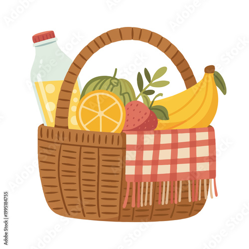 Wicker picnic basket filled with fruits juice a checkered cloth food and drink basket weave red and white flat illustration strawberry