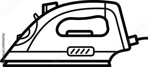 Modern steam iron graphic illustration in black and white outline for household chores and laundry