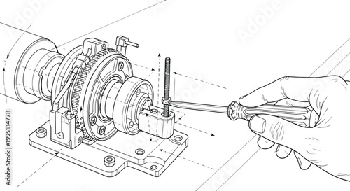 Detailed technical illustration of a hand using a screwdriver to adjust a mechanical gear mechanism assembly