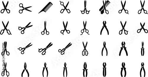 Scissors icons set including professional barber shears hair combs and industrial metal pliers in black vector illustration