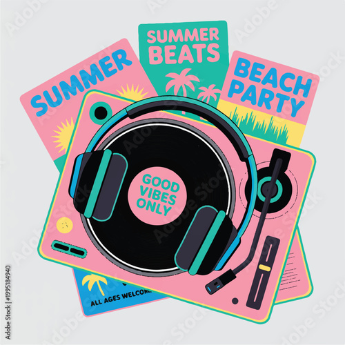 Summer beats beach party turntable and headphones with good vibes only party time dance music dj set sound system turntable headphones playlist