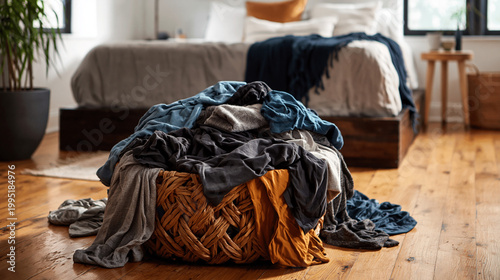 Scattered laundry on bedroom floor. Pile of laundry in a cozy bedroom with wooden floor and bed  