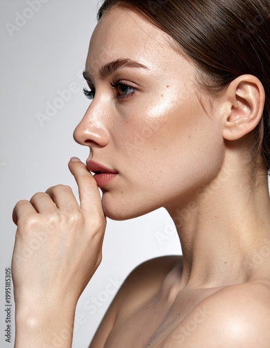 Woman touching lips with calm facial expression, skincare beauty concept, grooming routine and self-care.