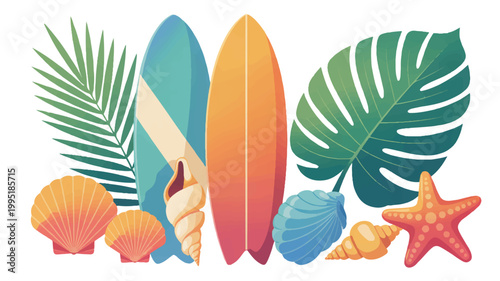 Arrangement of summer beach vacation elements including colorful surfboards natural seashells starfish lush tropical palm leaves on white background