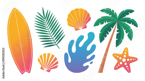 Summer beach and ocean icons set with surfboard palm tree seashells starfish coral gradient vector art palm leaf conch shell scallop shell