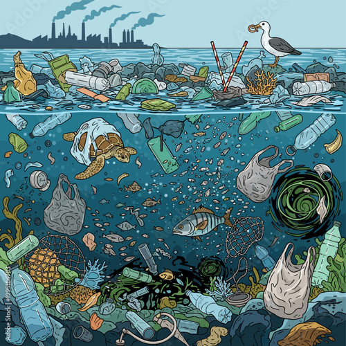 Foto Underwater scene depicting marine life struggling amidst a vast amount of plastic pollution and industrial waste