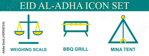 Eid al adha icon set scales bbq grill and mina tent illustrations