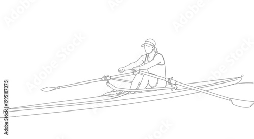 Rowboat athlete, single scull, rowing on water, clean line drawing, sport illustration