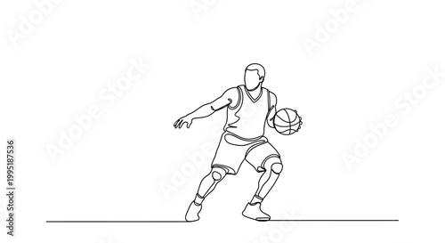 Continuous Line Drawing of a Basketball Player Dribbling on White Background