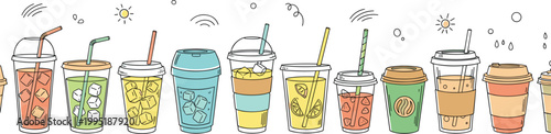 Colorful beverage illustration set featuring iced drinks smoothies coffee takeaway cups and refreshing drinks with straws in modern flat design