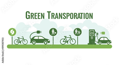 Illustration of green transportation options including electric cars, bicycles, and charging stations, promoting eco-friendly travel.