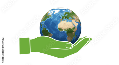 A green hand gently cradles the Earth, symbolizing environmental protection and global care.