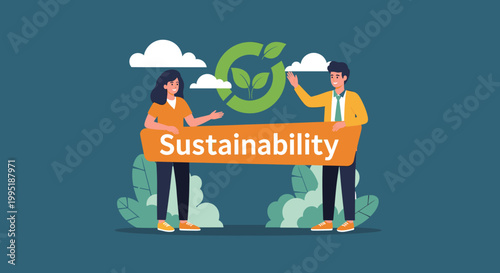 Two people hold a banner that says Sustainability, with a green recycling symbol and clouds in the background.