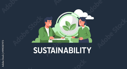 Two people collaborating on a sustainability initiative with a green leaf symbol representing environmental care.