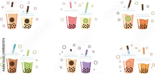 Colorful bubble tea illustration set featuring assorted boba drinks with tapioca pearls in takeaway cups in modern flat design style