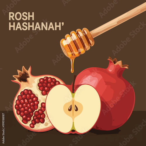 Rosh Hashanah with honey dipper, halved pomegranate, sliced apple on brown background, Jewish