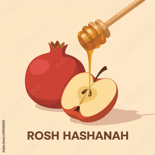 Red pomegranate and sliced apple with honey dripping from a wooden dipper for the Rosh Hashanah holiday