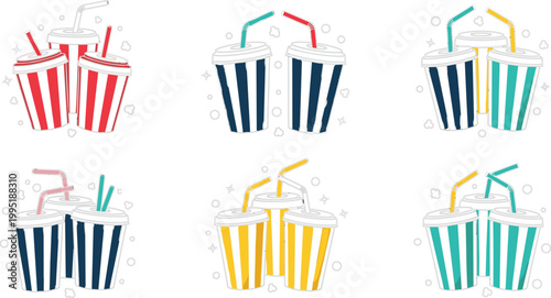 Paired soda cup illustration set featuring striped takeaway drink containers with straws in colorful retro fast food style