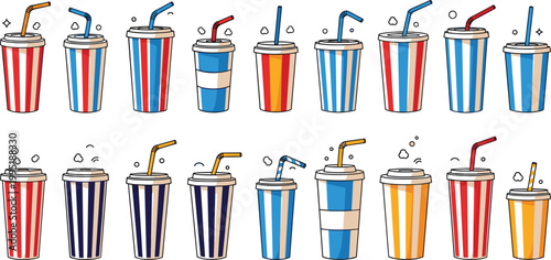 Striped takeaway cup illustration set featuring colorful soda drink containers with straws in retro fast food style vector collection