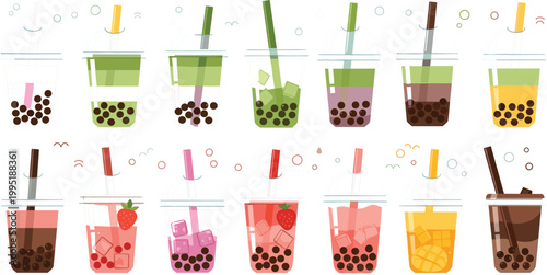 Bubble tea and fruit drink illustration set featuring colorful boba beverages with tapioca pearls and fresh flavors in modern flat design