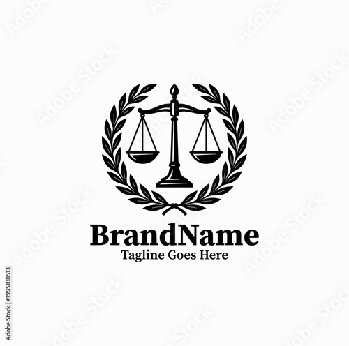 A justice scale with laurel wreath is illustrated as a prestigious law logo design monochrome classic
