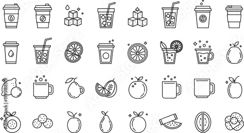 Beverage and fruit outline icon set featuring coffee cups citrus slices juices and drinks in minimal line style vector collection