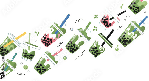Bubble tea illustration set featuring matcha and fruit boba drinks with tapioca pearls in takeaway cups in modern flat design style
