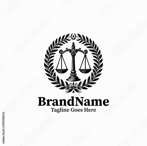 A justice scale with laurel wreath is illustrated as a prestigious law logo design monochrome classic