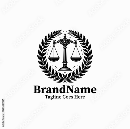 A justice scale with laurel wreath is illustrated as a prestigious law logo design monochrome classic