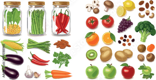 Fresh fruits and vegetables vector set with organic food ingredients, jars and healthy nutrition illustration collection