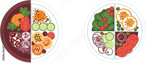 Healthy balanced meal plates vector illustration with vegetables, fruits and nutrition portions, clean eating diet concept