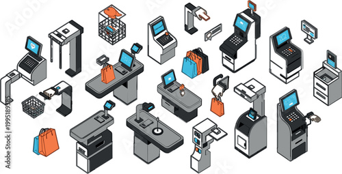 Isometric Self Checkout and Retail POS System Vector Set with Cash Registers Scanners Payment Terminals and Supermarket Equipment for Store Design
