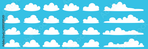 set of vector illustrations of clumpy clouds, cloud bubbles in flat style on a blue background	