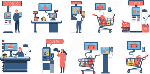 Self Checkout and Automated Payment Vector Set with Customers Kiosk Machines Shopping Carts and Retail Technology Elements for Supermarket Design