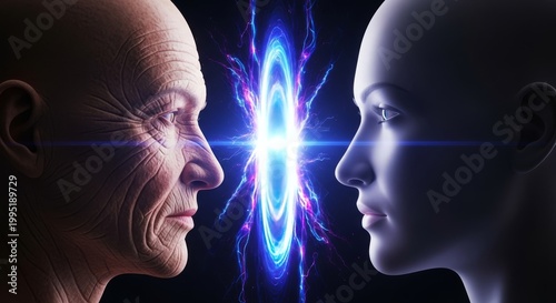 Smooth skin faces a weathered counterpart through a glowing temporal rift, highlighting the visual contrast between past and future forms, connection, contrast, lighting