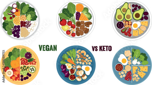 Vegan vs keto diet comparison vector illustration with healthy meal plates, balanced nutrition and food lifestyle concept