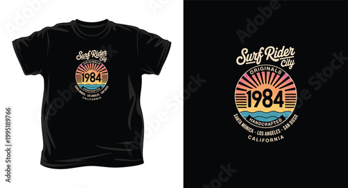 Black t-shirt with surf rider 1984 graphic design