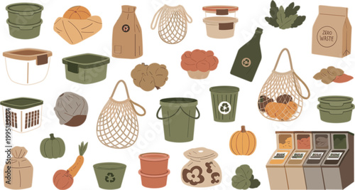Zero Waste Packaging and Reusable Container Vector Set with Eco Bags Bins Glass Jars and Sustainable Grocery Storage for Plastic Free Lifestyle Design